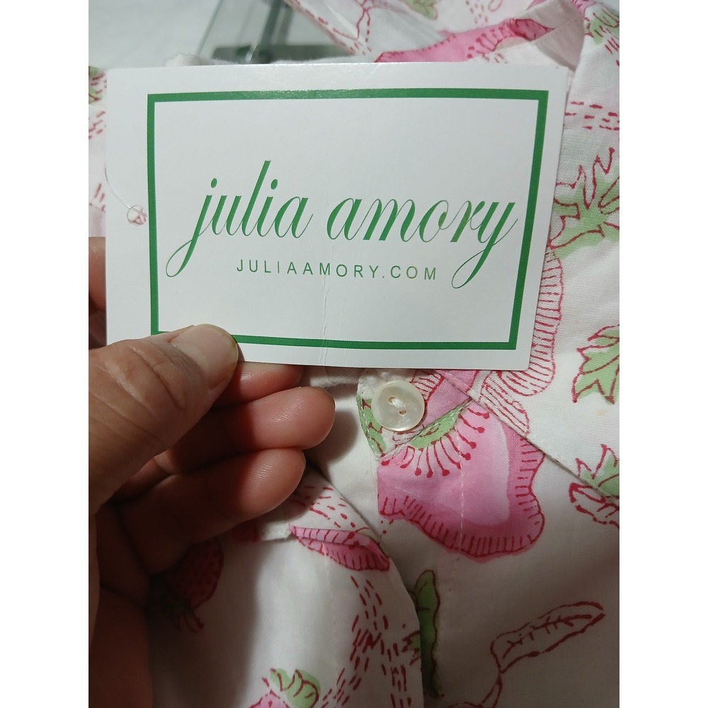 Julia Amory Pink Poppy Strawberry Block Print Cotton Shirt Dress Maxi Medium NWT - Picture 6 of 14